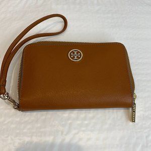 Tory Burch Womens Tan Blue Wristlet Trim Inner Pockets Zip Around Wallet Size OS